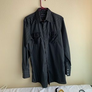 EUC Vintage Mens Western Wear Black/Gold pinstriped long sleeved shirt Sz L